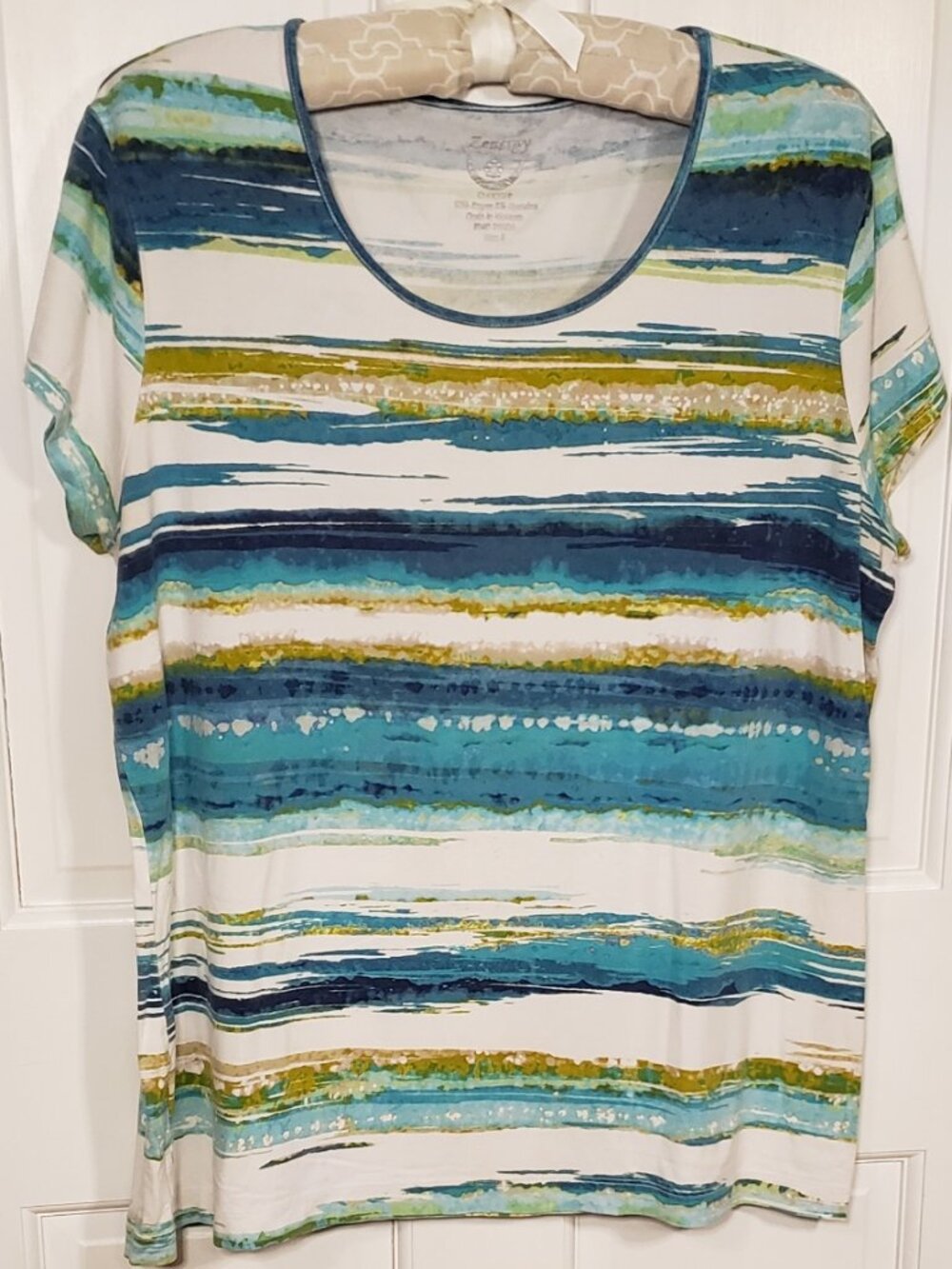 C.J. Banks Jersey Blue Green Abstract Striped Stretch Top L